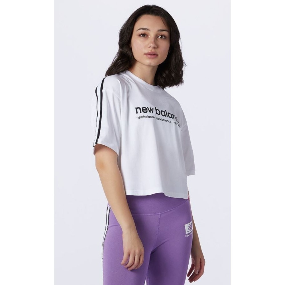 New Balance Women's Short Sleeve Crew Boxy Logo Crop Top in White Black XSmall